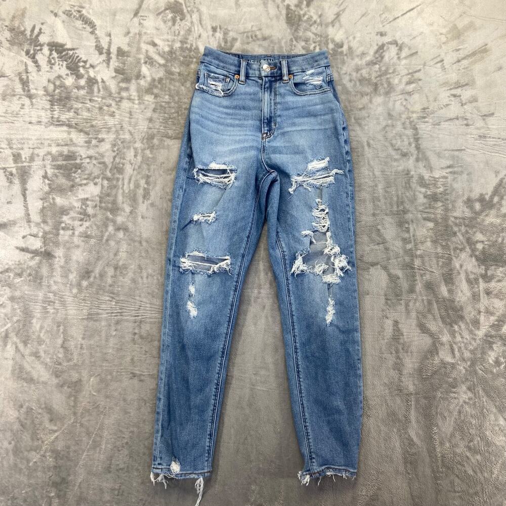 American Eagle Women's Curvy‎ Mom Jeans Size 00 Blue Distressed Denim